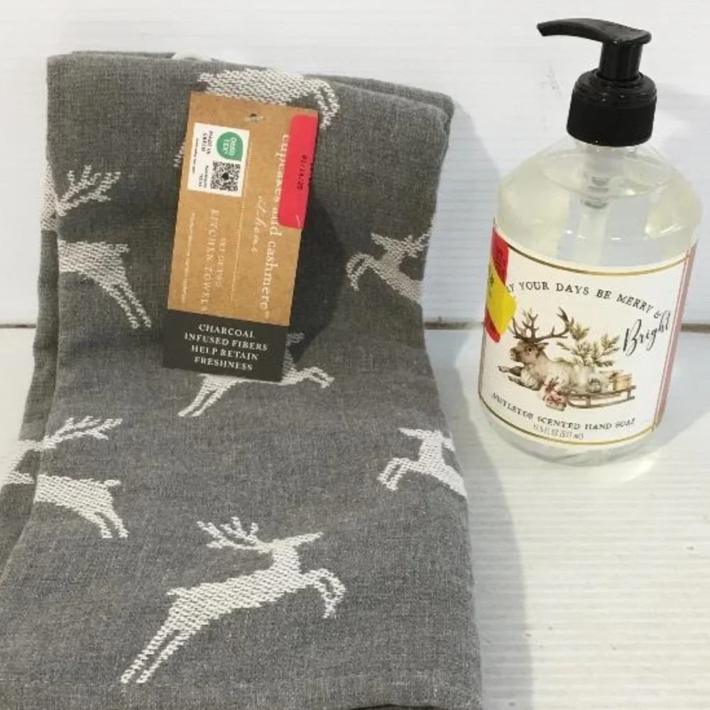 Charcoal Reindeer Hand Towel w/ Mistletoe Scented Hand Soap